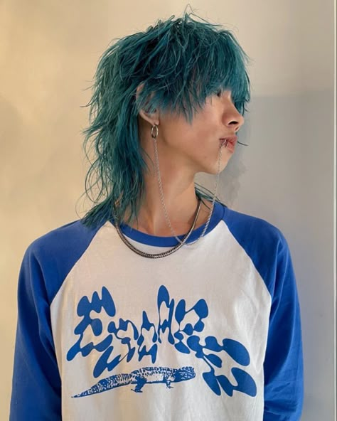 Men Jellyfish Hair, Blue Hair Mullet Guy, Blue Shaggy Hair, Dyed Long Hair Men, Short Turquoise Hair, Long Dyed Hair Men, Teal Mullet, Jellyfish Mullet Hair, Turquoise Hair Aesthetic