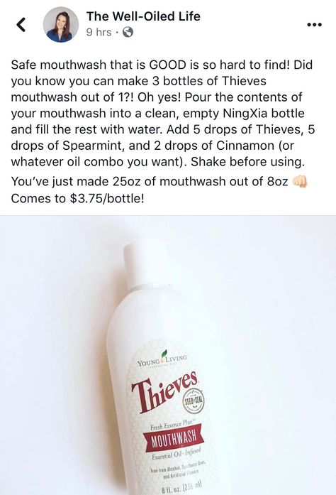 Thieves mouthwash Thieves Mouthwash, Essential Oil Roller Bottle Recipes, Essential Oils Young Living, Essential Oil Usage, Homemade Essential Oils, Diy Essential Oil Recipes, Thieves Essential Oil, Essential Oil Remedy, Young Living Essential Oils Recipes