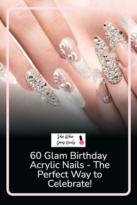 If you’re looking for a way to add glam and sparkle to your birthday celebrations, look no further than acrylic nail designs! Whether it’s your sweet 16 or a milestone 50th, glam acrylic nails are an easy and eye-catching way to show off your special occasion. 🎂 50th Birthday Nails Design, Glam Acrylic Nails, Birthday Glam Nails, Birthday Acrylic Nails, Glam Birthday Party, Anniversary Nails, Stiletto Shaped Nails, Glam Birthday, Birthday Nail Designs