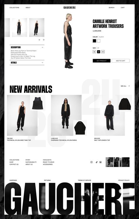 A chic Squarespace website design for Gaucher, featuring fashion collections with a clean, trendy layout and intuitive navigation for a smooth online shopping experience. Camille Henrot, Modern Layout, Shop Website, Squarespace Website Design, Black Wide Leg Pants, Website Design Services, Squarespace Website, Website Layout, Shop Ideas