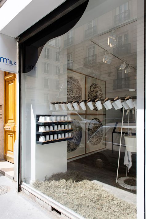 Milking it: designers get creative with dairy at Paris' Milk Factory | Lifestyle | Wallpaper* Magazine Milk Store Design, Milk Factory Design, Baby Store Display, Mother Dairy, Milk Factory, Milk Store, Lifestyle Wallpaper, Milk Cafe, Window Glass Design