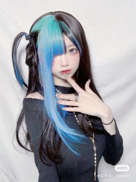 Black And Light Blue Hair, Hair Styles Japanese, Water Hair, Softball Hairstyles, Dyed Hair Inspiration, Kawaii Hairstyles, Peinados Fáciles Para Cabello Corto, Anime Hair, Hair Reference