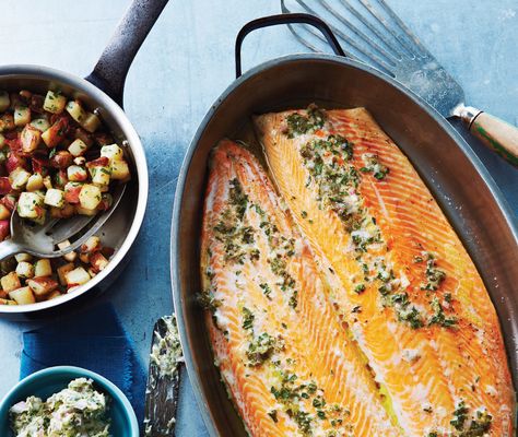 Slow-Baked Arctic Char With Crisp Potatoes Recipe Char Fish Recipes, Artic Char Recipes, Char Recipes, Crisp Potatoes, Arctic Char, Herb Butter, Potatoes Recipe, Fish Dishes, Fish And Seafood