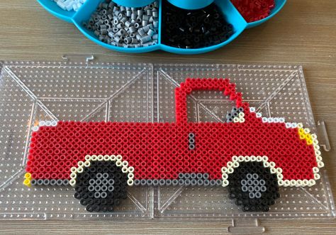 Perler beads truck ready for fall Perler Bead Truck, Truck Perler Bead Patterns, Truck Perler Beads, Fall Perler Bead Patterns, Boys Crafts, Pokémon Perler, Pegboard Ideas, Bead Things, Easy Perler Bead Patterns