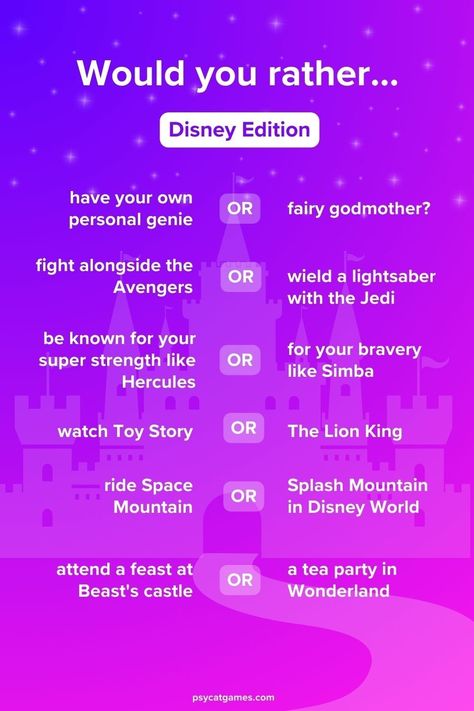 Big fan of Disney, but can’t find those good Disney games? Don't worry; our collection of 40+ Disney "Would You Rather" questions is the perfect way to test your decision-making and heal your inner child. Disney Would You Rather, Disney Games For Adults, Disney Questions, Dreamland Ideas, That's So Raven, Disney Version, Would You Rather Questions, Princess Movies, Peter Pan And Tinkerbell