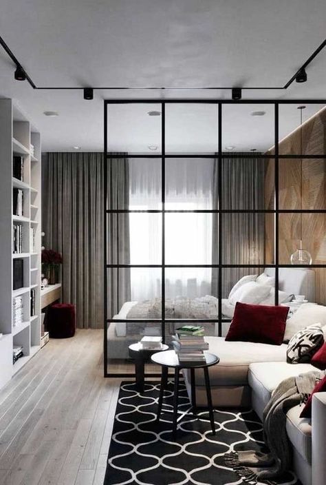 Apartment Room Divider, Living Room And Bedroom Combo, Apartemen Studio, Studio Layout, Small Apartment Bedrooms, Condo Interior Design, Studio Apartment Living, Studio Apartment Divider, Small Apartment Interior