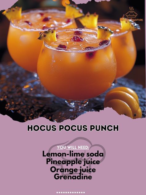 ✨🍹 Stir up some magic with the Hocus Pocus Punch! This delightful and colorful punch is perfect for your spooky celebrations! Hocus Pocus Punch Ingredients: Lemon-lime soda (2 cups) Pineapple juice (1 cup) Orange juice (1 cup) Grenadine (0.5 oz) Slices of fruit (for garnish) Instructions: In a punch bowl, combine lemon-lime soda, pineapple juice, and orange juice. Slowly add grenadine for a layered effect. Garnish with slices of fruit. 🧙‍♀️✨ Enjoy the Hocus Pocus Punch! This refreshing dr... Hocus Pocus Punch Non Alcoholic, Hocus Pocus Punch For Kids, Hocus Pocus Punch, Nonalcoholic Punch, Pineapple Halloween, Wedding Punch, Fruit Punch Recipe, Halloween Punch, Halloween Fruit