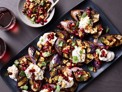 Charred Eggplant with Burrata and Pomegranate-Walnut Relish Recipe  - Hetty McKinnon | Food & Wine Burrata Recipe, Pomegranate Recipes, Gluten Free Main Dishes, Eggplant Dishes, Relish Recipes, Burrata Cheese, Roasted Root Vegetables, Eggplant Parmesan, Main Dish Salads