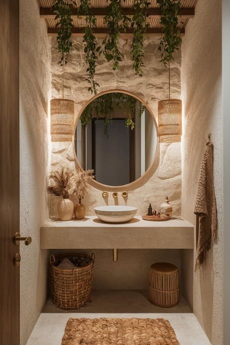 Craft a serene bathroom escape with earthy tones, hanging greenery, and cozy details. Textured stone walls and woven accents add a rustic, inviting touch to your space. #NaturalBathroom #EarthyBathroomDesign #BathroomInspiration #CozyBathroomDecor #WovenAccents #GreenBathroomIdeas #RusticStyle #WarmBathroomDesign #StoneWalls #BathroomRetreat Earthy Powder Room, Mushroom Bathroom Ideas, Earthy Bathroom Ideas, Nature Inspired Bathroom, Earthy Bathroom, Hanging Greenery, Warm Bathroom, Japanese Bathroom, Cozy Bathroom