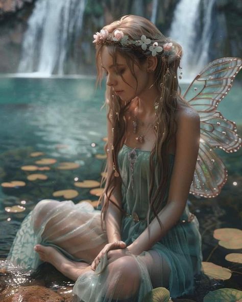 Water Fairy Cosplay, Fae Photoshoot, Pixie Photoshoot, Fairy Photos, Water Nymph Costume, Sun Fairy, Water Fairy Outfit, Water Fairy Aesthetic, Woodland Fairy Aesthetic