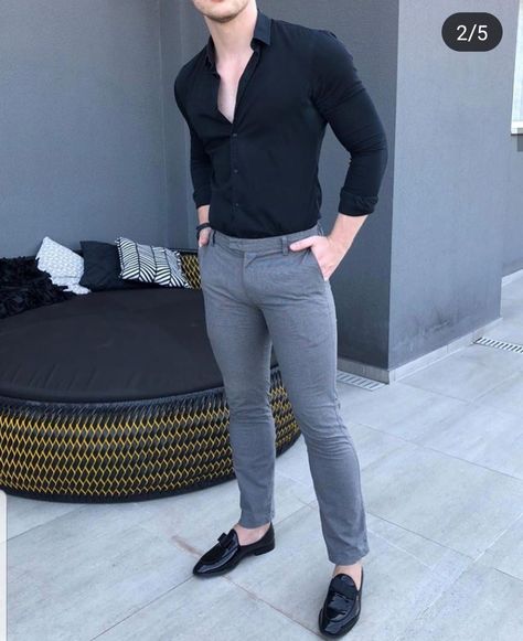 Black Shirt Grey Pants Men Formal, Shirt Outfit Men Formal, Outfit Semiformal, Stylish Suits For Men, December Weddings, Black Shirt Outfit, Black Shirt Outfit Men, Men Formal Outfit, Boys Dressing