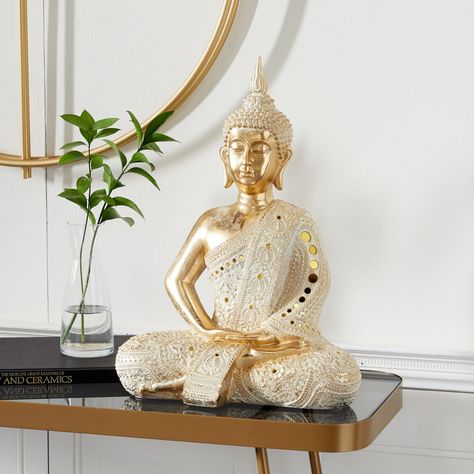 "Gold Polystone Glam Sculpture Buddha Polystone resin was given a shiny metal finish in this Sitting Buddha sculpture. Its golden glam exterior makes it a versatile piece that can fit in any interior concept, modern or traditional. However, its color is best appreciated against light and neutral tones. Display it on an altar or next to small potted plants on top of a table or dresser to complement its life-like theme. Create a calming and peaceful atmosphere with this buddha sculpture ideal for Feng Shui Wealth Vase, Feng Shui Elements, Feng Shui Wealth, Sitting Buddha, Buddha Figurine, Lucky Bamboo, Buddha Sculpture, Buddha Meditation, Small Potted Plants