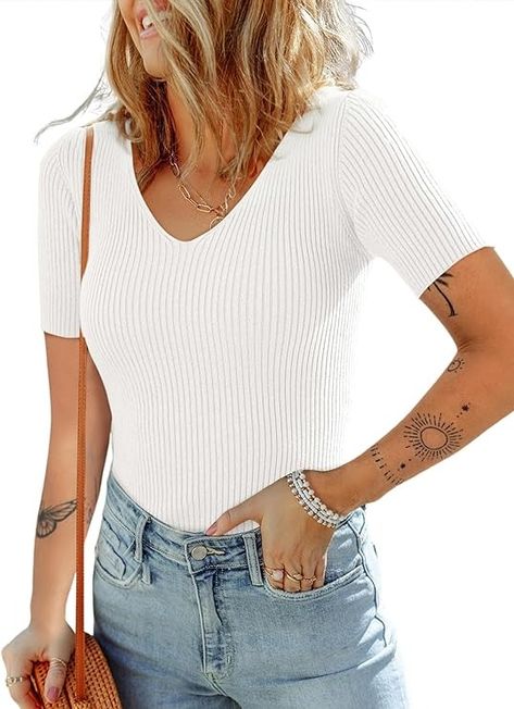 Dokotoo Womens Summer Short Sleeve T Shirts Casual Slim Fitted Basic Work V Neck Tops for Women Fashion Solid Color Ribbed Knit Tee Top 2024 White Large at Amazon Women’s Clothing store Womens Fall Sweaters, Fall Sweaters For Women, Ladies Tops Blouses, Womens Summer Shorts, Dress The Population, White Short, Basic Tee, Amazon Women, Sweater And Shorts