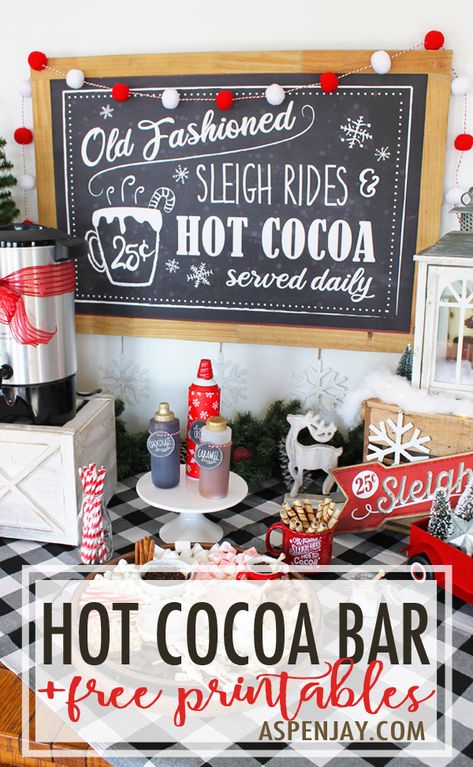 DIY Hot Chocolate Bar + free printables - Aspen Jay Hot Chocolate Bar Labels, Hot Cocoa Bar Party, Helpful Printables, Diy Hot Chocolate Bar, Cocoa Board, Cocoa Bar Ideas, Hot Cocoa Bar Ideas, Hot Beverage Dispenser, Christmas Photobooth