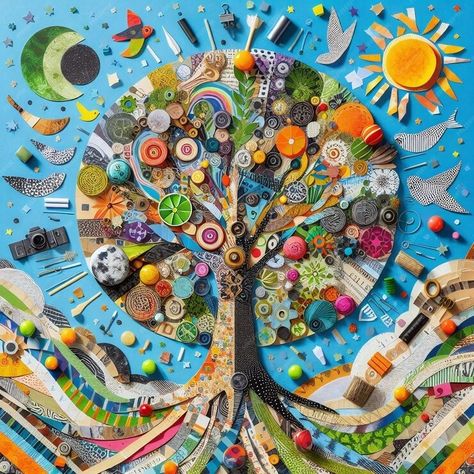 Premium Photo | A World Within Whimsical Tree of Life Collage Tree Of Life Project, Tree Of Life Activity, Tree Of Life Art Project, Tree Collage Art, Tree Of Life Button Art, Collage Tree, Abstract Tree Of Life Painting, Life Collage, Whimsical Tree