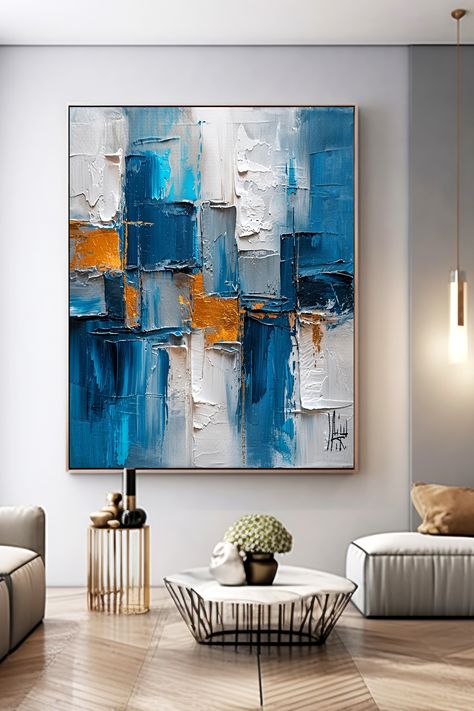 Original textured abstract painting with blue, white, and orange palette knife strokes creating a 3D effect on canvas Palette Knife Art, Textured Canvas, Textured Painting, Orange Accents, 3d Effect, Blue And Orange, Abstract Wall, Texture Painting, Art Original