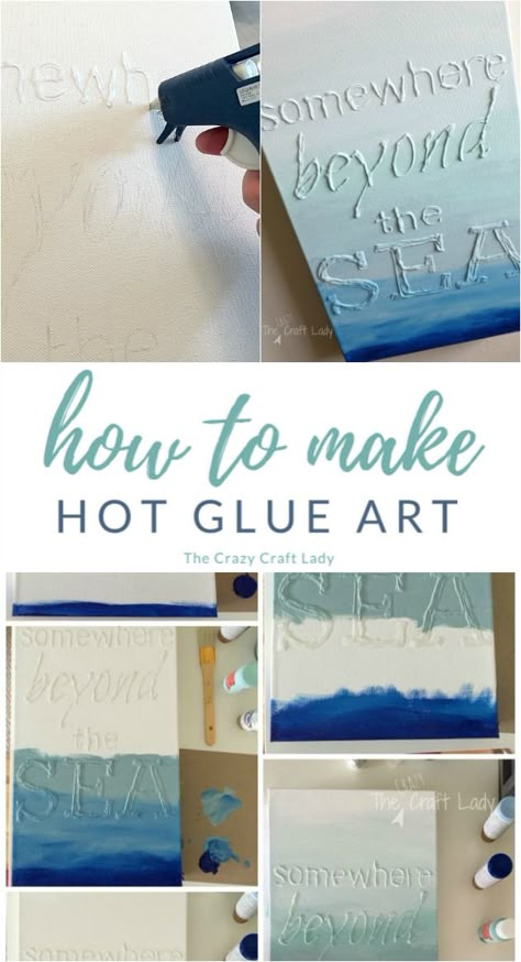 Diy Canvas Quote Art, Diy Quote Art, Canvas Craft Ideas Diy Projects, Glue Canvas Art, Hot Glue Art On Canvas Diy, Canvas Crafts Diy, Quote Crafts, Hot Glue Crafts, Crafts With Hot Glue