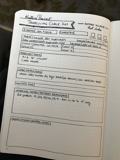 A first draft of my knitting project page layout for my bullet journal. I've already thought of a few things I want to add for the next project though - gauge, deadline, and something for difficulty and/or how much I liked the project. Bullet Journal Knitting, Crochet Organizer, First Draft, Craft Planner, Dot Journals, Knitting Books, Bullet Journal Layout, Bullet Journal Inspo, Journal Layout