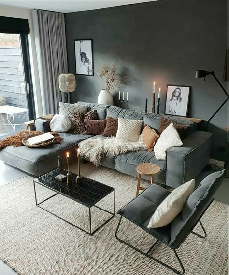 Couch Grau, Moody Boho, Lounge Rooms, Room Colours, Cosy Living, Cosy Living Room, Living Room Scandinavian, Living Room Decor Cozy, Living Room Decor Modern