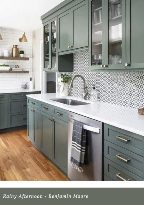 Benjamin Moore Kitchen, Green Kitchen Cabinets, Diy Kitchen Renovation, Green Cabinets, Kitchen Cabinet Colors, Going Green, Kitchen Trends, Kitchen Redo, Kitchen Paint