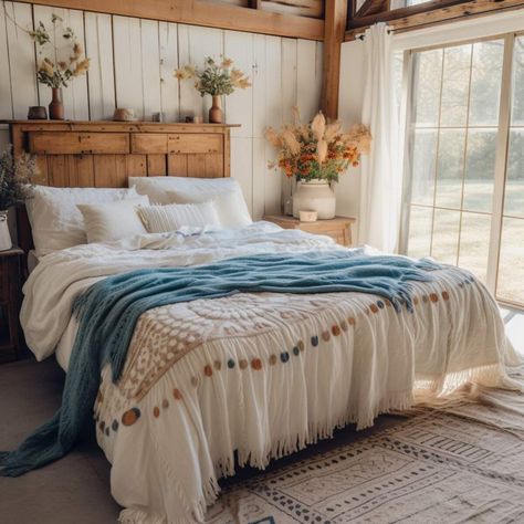 40 Boho Farmhouse Bedroom Ideas: Pastoral Charm With Boho Chic! Farmhouse Bedroom Inspirations, Pink House Exterior, Boho Farmhouse Bedroom, Boho Cabin, Bnb Ideas, Farmhouse Bedroom Ideas, Comfy Bedroom, Feels Like Home, Farmhouse Boho