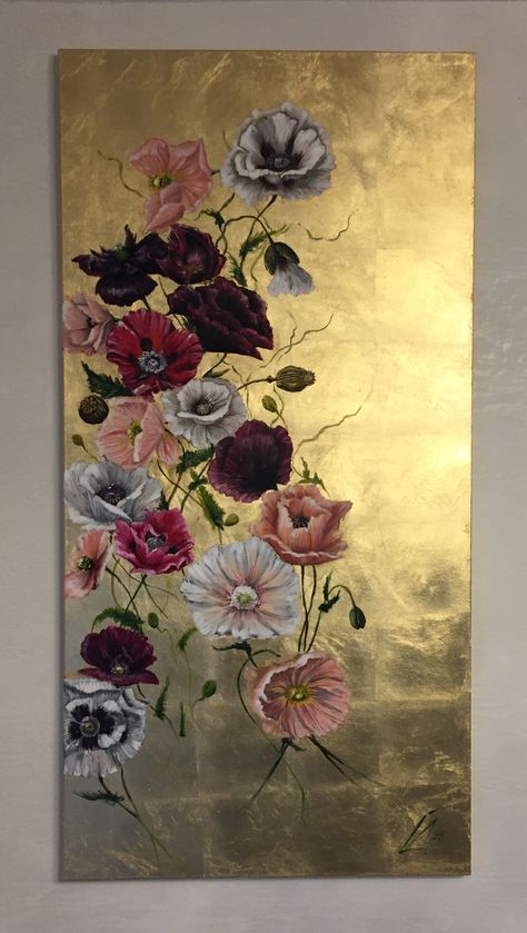 Gold Leaf Flower Painting, Gold Leaf Art Ideas, Canvas Painting For Beginners, Canvas Board Painting, Fall Canvas Painting, Gold Art Painting, Afrique Art, Canvas For Beginners, Posca Art