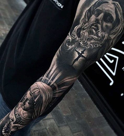 Full Arm Sleeve Religious Themed Guys 3d Jesus Tattoo Designs Jesus Tattoo On Arm, Jesus Tattoo Sleeve, Religious Tattoo Sleeves, Christus Tattoo, Jesus Christ Tattoo, Jesus Tattoo Design, Christ Tattoo, Christian Sleeve Tattoo, Religious Tattoo