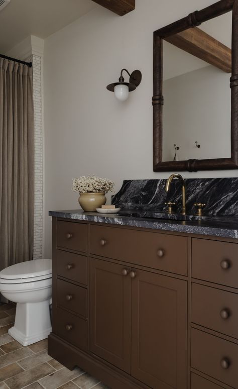 Bathroom Renovation Costs & What To Save vs Splurge On - Nadine Stay Bathroom With Black Countertop, Black Bathroom Counter, Black Bathroom Countertops, Bronze Faucet Bathroom, Dramatic Bathroom, Brown Vanity, Nadine Stay, Taupe Bathroom, Bathroom Renovation Cost