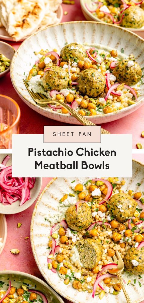 Herby sheet pan pistachio chicken meatballs with a kick of heat from jalapeño and served with crispy spiced chickpeas, tender couscous, fresh toppings, and homemade spicy green feta sauce. These epic pistachio chicken meatball bowls are packed with protein for a fun, flavorful dinner you'll love! Chicken Meatball Bowls, Pistachio Chicken, Meatball Bowls, Feta Sauce, Chicken Meatball, Flavorful Dinner, Pistachio Pesto, Spiced Chickpeas, Ambitious Kitchen