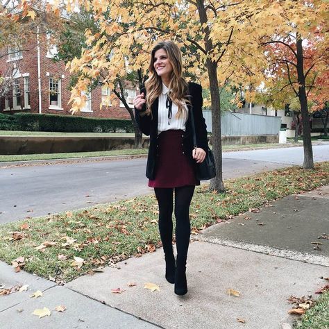 brighton the day styling black tights, jacket, white blouse with tie, and wine skirt Burgundy Skirt Outfit, Skirt With Tights Outfit, Fall Tights, Maxi Dress Outfit Fall, Fall Business Casual Outfits, After Christmas Sales, Christmas Sales, Outfit Choices, Skirt Outfits Fall