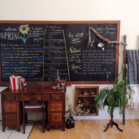 Whimsical Homeschool Room, Vintage Inspired Classroom, Chalkboard In Room, Homeschool Area In Living Room, Homeschool Chalkboard Ideas, Large Chalkboard Ideas, Moody Classroom, Homeschool Chalkboard, Chalkboard Room