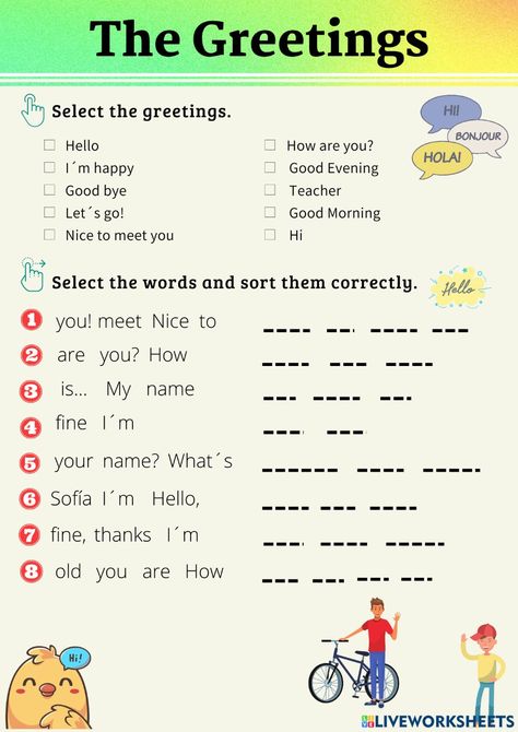 Greeting English Lesson, Greeting Worksheet English, Greetings Worksheets For Kids, Greeting Worksheet, Greetings Worksheets, Greetings In English, English Conversation For Kids, Worksheets For Grade 3, English Teaching Materials