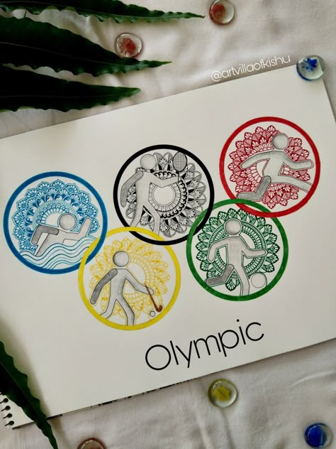 Olympic Drawing Ideas, Olympic Games Drawing, Olympics Drawing, Sketches Outline, Mandala Work, Colour Mandala, Canvas Art Painting Acrylic, Pen Art Work, Easy Mandala Drawing