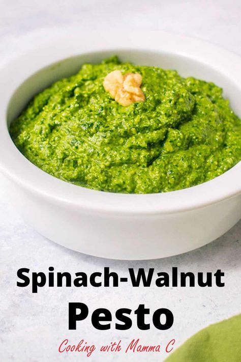 This Easy Spinach-Walnut Pesto takes five minutes to make and is so delicious! Stir the pesto sauce into pasta or zoodles or spoon it onto pizza, chicken or fish! #spinachwalnutpesto #spinachpesto #walnutpesto Mix Vegetable Recipe, Vegan Pesto Recipe, Sheet Pan Meals Chicken, Pesto Spinach, Chicken Pizza Recipes, Pizza Chicken, Walnut Pesto, Chicken Sandwich Recipes, Garlic Butter Chicken