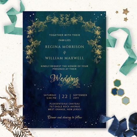 $1.98 | Navy Blue Mid Summer Night Dream Celestial Wedding - blue wedding, navy blue, emerald green and teal, moody, elegant wedding invitation, together with their parents, celestial, jewel tones, regency medieval vintage floral, winter wedding Mid Summer Nights Dream Wedding, Slytherin Wedding, Celestial Wedding Invitations, Navy Blue Wedding Theme, Forest Green Wedding, Dark Green Wedding, Dark Blue Wedding, Green Themed Wedding, Emerald Green Weddings