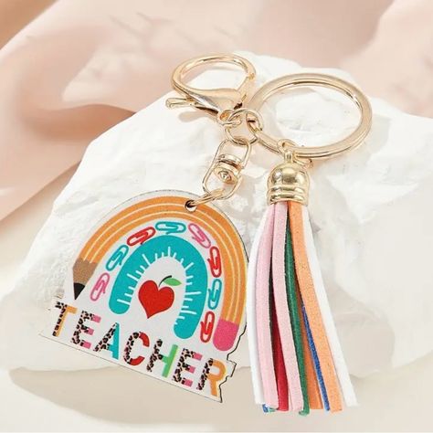 Teacher Rainbow Tassel Keychain Perfect For “Teachers Appreciation Day” Teal Bag, Rhinestone Keychain, Wrist Wallet, Wooden Rainbow, Bubble Bag, Tassel Keychain, Bag Clips, Rhinestone Heart, Boutique Accessories