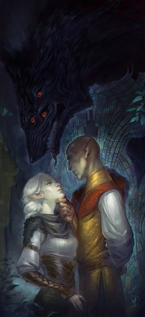 This picture fascinates me, I love the dominant stance that Solas is displaying while his wolf form lurks overhead. Dragon Age Solas, Solas Dragon Age, Dread Wolf, Dragon Age Romance, Fen Harel, Dragon Age Art, Dragon Age Characters, Dragon Age 3, Dragon Age Games