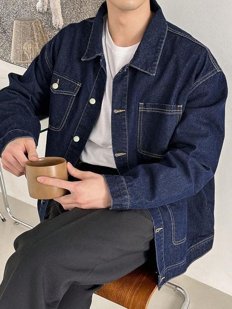 Dark Wash Denim Jacket Outfit, Men Jean Jacket Outfits, Dark Denim Jacket Outfit, Dark Denim Outfit, Blue Denim Jacket Outfit, Jean Jacket Outfits Men, Denim Jacket Men Outfit, Jeans Coat Jackets, Vest Outfits Men