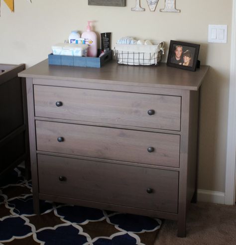 Love the Hemnes dresser in grey brown from Ikea $150 White Hemnes Dresser, Brown Crib, Shirt Organization, Hemnes Dresser, Ikea Hemnes, Diy Nursery, Grey Stain, Dresser As Nightstand, Baby Essentials