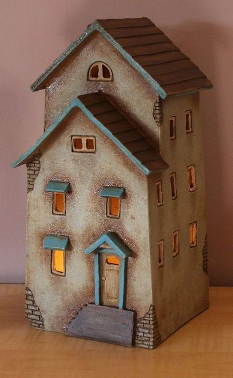 Tre Kunst, Clay House, Ceramic Night Light, Pottery Houses, Clay Houses, Tanah Liat, Hand Built Pottery, Night Light Lamp, Ceramic Houses