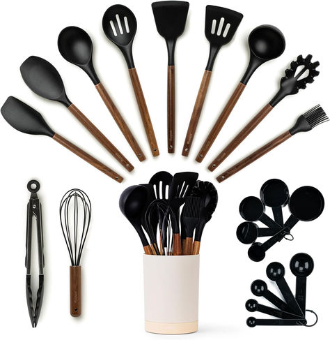 SMIRLY Kitchen Utensil Set & Holder - Essentials for New Home & 1st Apartment - Silicone Spatula & Cooking Spoon Set for Nonstick Cookware Essentials For New Home, Kitchen Accessories Design, Silicone Utensils, New Home Essentials, Kitchen Utensils Set, Silicone Cooking Utensils, Kitchen Spatula, Kitchen Necessities, Silicone Kitchen Utensils