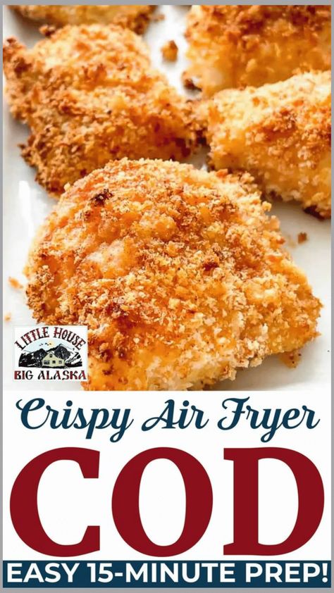 Crispy and Flaky Air Fryer Breaded Cod Fresh Cod In Air Fryer, Fresh Cod Fish Recipes Air Fryer, Recipe For Cod Fish In Air Fryer, Panko Bread Crumbs Recipe Dinners, Air Fryer Crispy Cod, Airfryer Hake Fillet, Air Fryer Baked Fish, Fried Fish Air Fryer Recipe, Cod Loins In Air Fryer