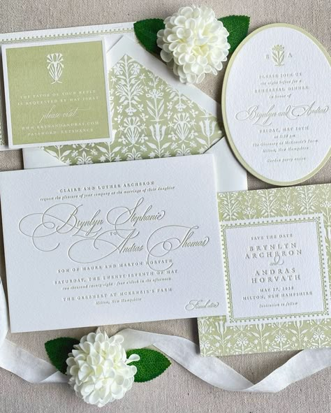 Setting the tone for an exquisite wedding with the Andras suite from @bellafigura. Luxurious cotton paper, soft greens, and a fun oval die-cut. Schedule a consult and let us help you create the wedding suite of your dreams! #fairhopealabama #mobilealabama #stationery #envelopes #envelopeart #envelope #AlabamaWedding #WeddingInvitations #WeddingStationery #WeddingPlanning #BrideToBe #GroomToBe #WeddingInspiration #WeddingDetails #WeddingDay #WeddingPrep #WeddingStationeryDesign #WeddingPaper #... Green Wedding Details, Wedding Invitation Suite Assembly, Scalloped Wedding Invitations, Scalloped Invitations, Scalloped Edge Invitation, Pastel Green Wedding Invitation, Vintage Stamps Wedding Invitation, Green Floral Wedding Invitations, Green Letterpress Wedding Invitations