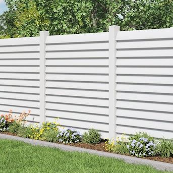 Freedom Louvered 6-ft H x 6-ft W White Vinyl Fence Panel in the ... White House Fence Ideas, White Horizontal Privacy Fence, White Vinyl Fence Around Pool, White Vinyl Privacy Fence, White Wood Privacy Fence, White Fencing Front Yard, White And Wood Fence, Privacy Fence Ideas White, 6 Ft Privacy Fence Ideas