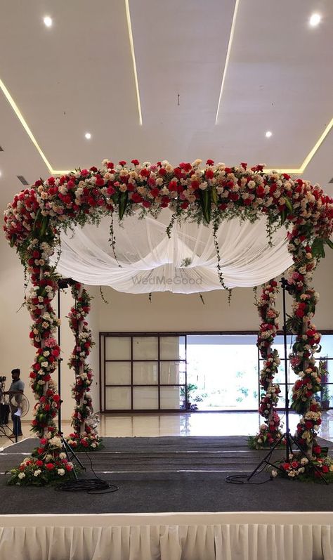 Photo By Blooming Flower Events - Decorators Banquet Hall Mandap Decor, Simple Muhurtham Stage Decoration, Flower Gate Decoration Wedding, Wedding Gate Decoration Indian, Simple Mandap Design, Simple Mandap, Wedding Entrance Decoration, Entrance Decoration Ideas, Vidhi Mandap