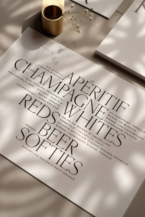 Classy Branding, Luxe Branding, Campari And Soda, Signage Ideas, Design Cv, Font Inspiration, Wine List, Wedding Signage, Boutique Design