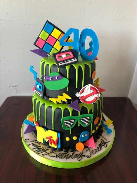 Neon Cakes, 80s Birthday Parties, 40th Birthday Cake, 40th Cake, 40th Birthday Party Decorations, 80s Theme Party, 40th Birthday Cakes, Themed Birthday Cakes, Childrens Birthday Cakes