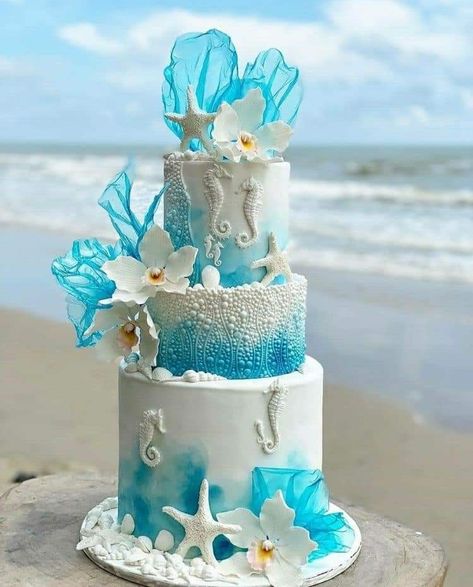 Ocean Theme Wedding Cake, Seaglass Wedding Cake, Under The Sea Wedding Cake, Ocean Quinceanera Theme, Ocean Themed Cakes, Little Mermaid Wedding Theme, Ocean Beach Cake, Beach Themed Wedding Cakes, Blue And White Beach Wedding