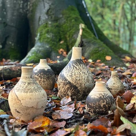 A family of obvara vessels from a solo raku firing a few weeks ago. I’m hooked by this process, and love the landscape of markings that appear on the pots. They looked right at home nestled in the woodland floor during our exhibition last weekend and I’m really enjoying the contrast to my other work here at home in the pottery. Raku Firing, The Landscape, At Home, Quick Saves