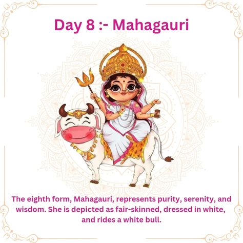 Navratri Day 8:- Maa Mahagauri Associated with purity and tranquility, she purifies and cleanses the sins of her devotees. She is worshipped for calmness and inner peace. #navratri #navratrispecial #mahagauri #day8 #challenge #day8challenge #nineoutfits #ninenights #garbanight #garbaoutfit Garba Outfit, Navratri Special, Fair Skin, Inner Peace, Worship